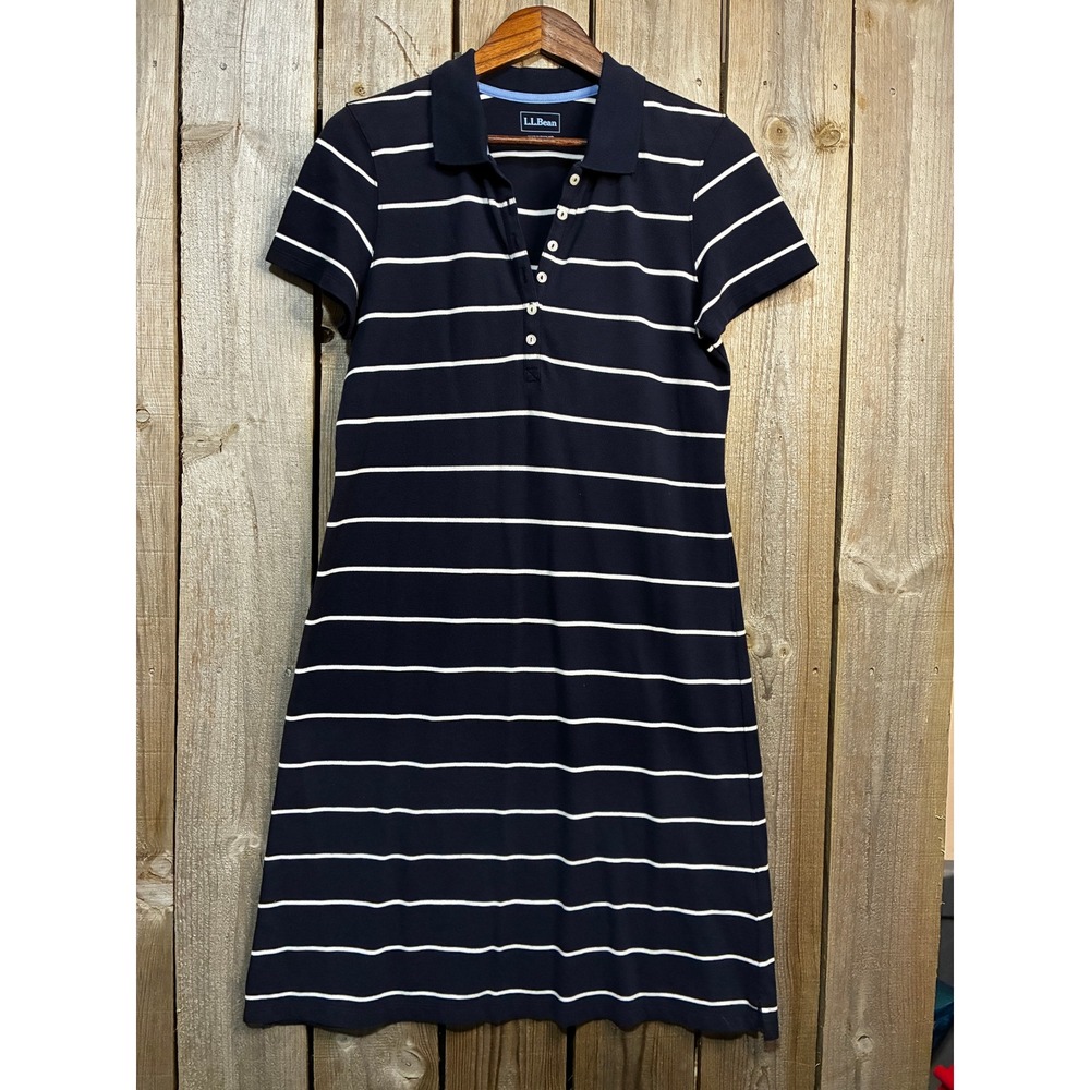 LL Bean Womens Navy Blue White Striped Polo Dress Short Sleeve M REG 283190